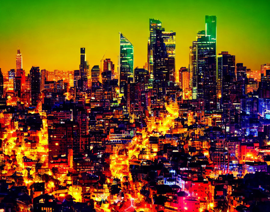 Neon-lit cityscape at night with dense skyscrapers in yellow to red hues