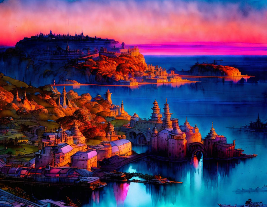 Colorful Cityscape with Fantastical Architecture at Sunset