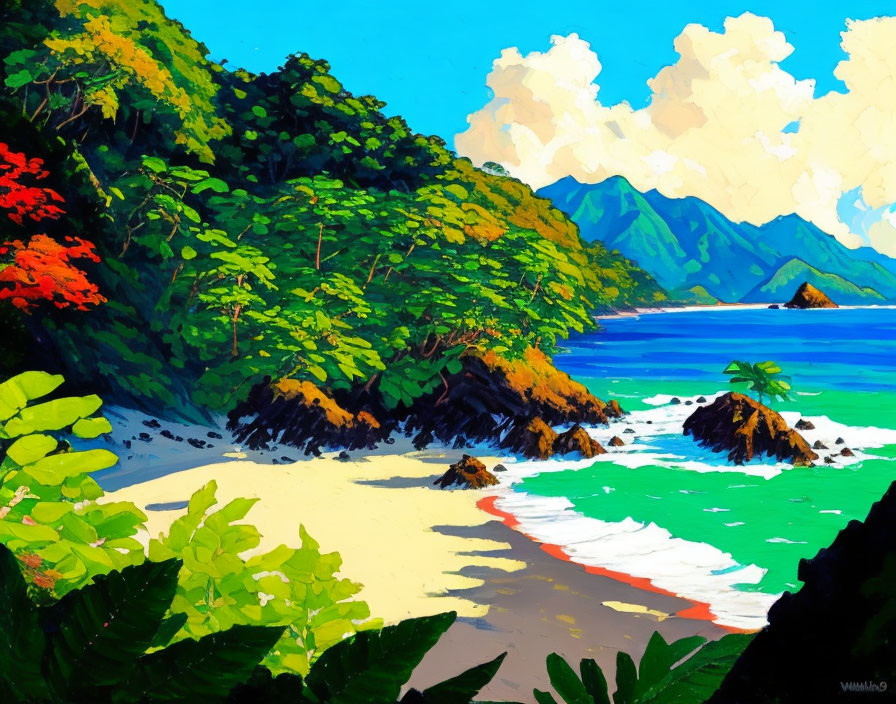 Scenic Tropical Beach Painting with Blue Waters and Mountains