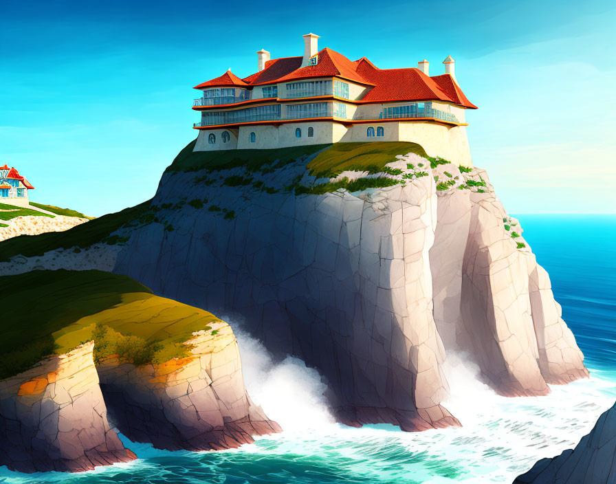 Detailed illustration: Large house on cliff overlooking blue ocean