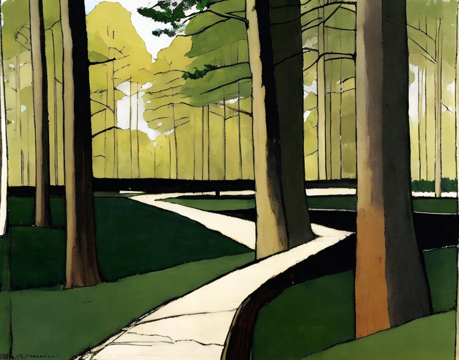 Stylized forest painting with winding path and black tree trunks