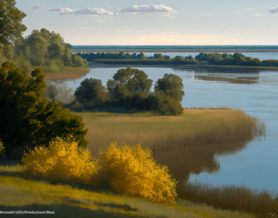 Tranquil landscape with golden bushes, calm water, and distant trees