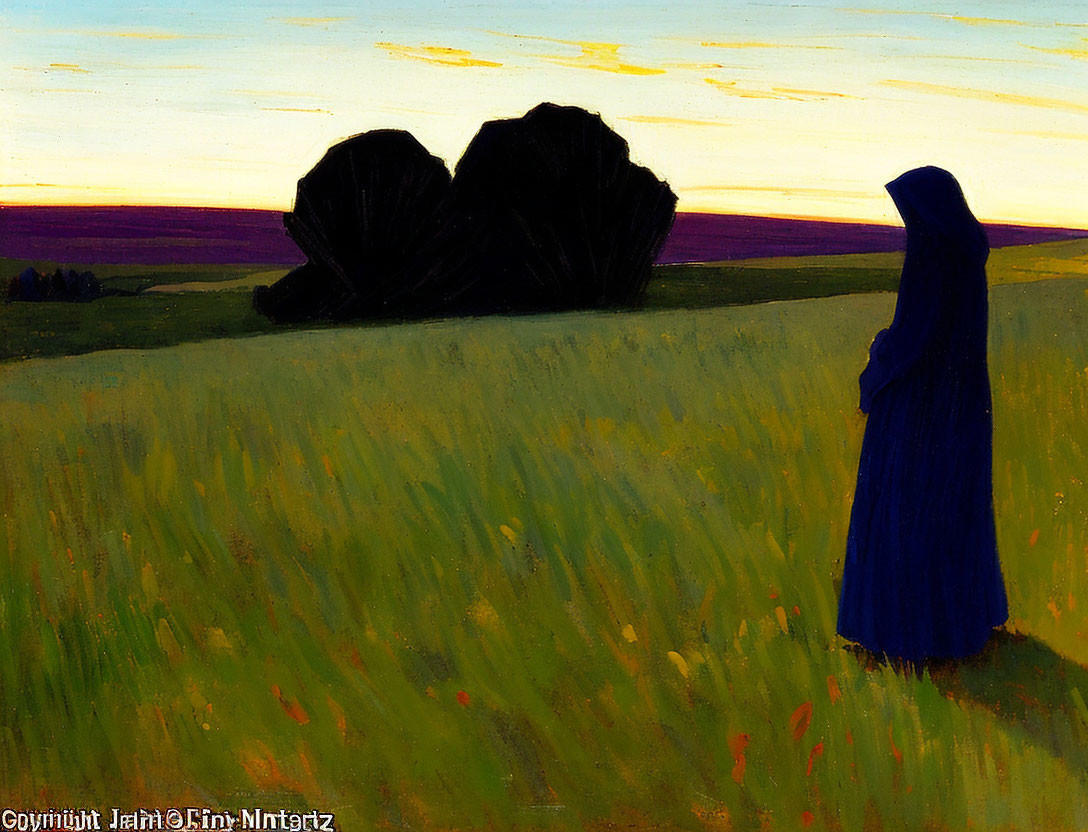 Solitary figure in blue cloak in golden field with large stones and twilight sky