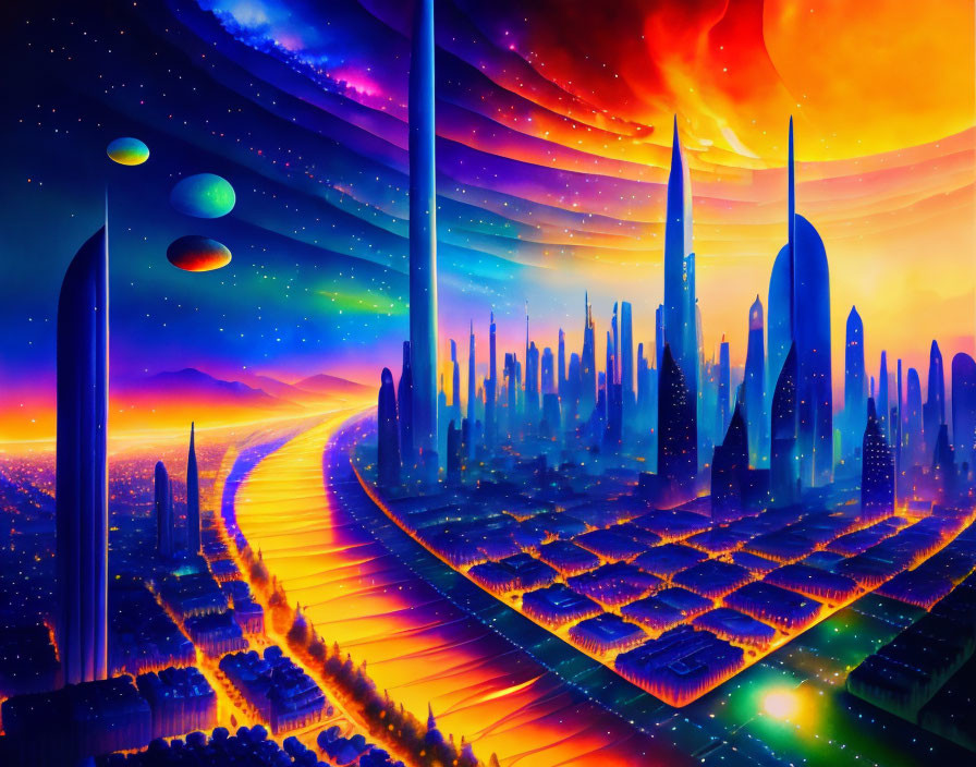 Futuristic cityscape with luminescent skyscrapers and starry sky