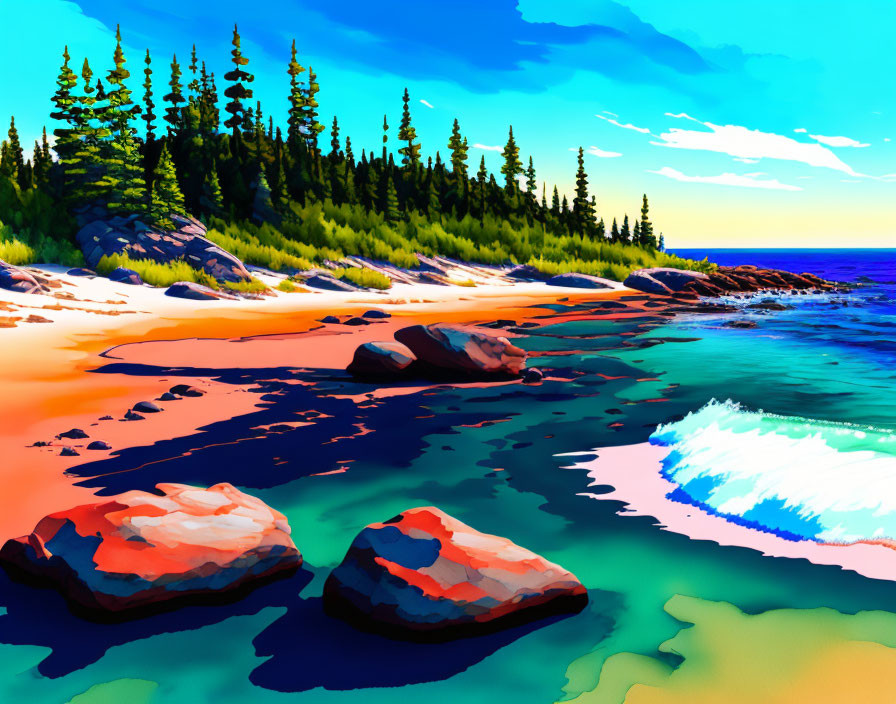 Digital artwork of vibrant shoreline with pines and waves