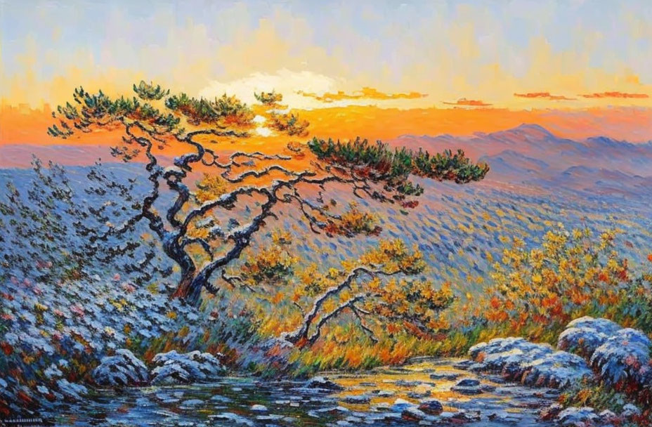 Colorful painting of twisted tree, sunset, meadow & mountains