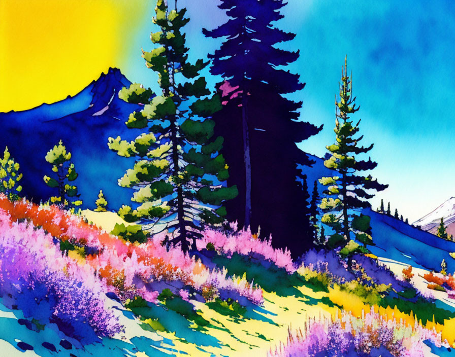 Colorful watercolor landscape with purple and yellow wildflowers, evergreen trees, mountains, and bright