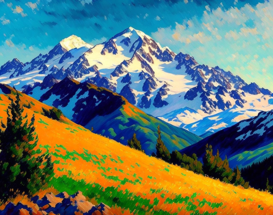 Colorful Landscape Painting of Snow-Capped Mountain