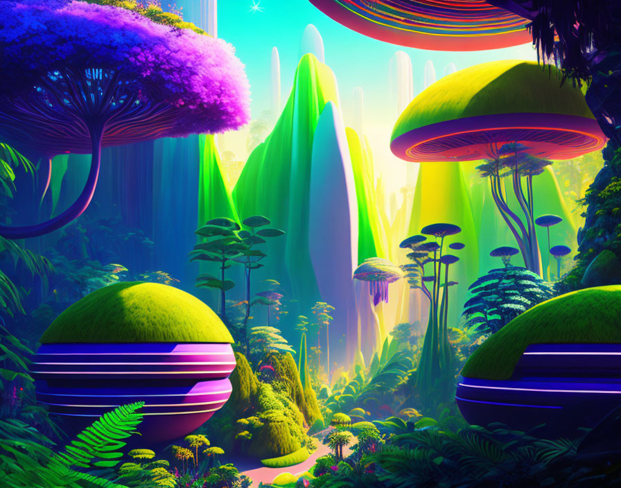 Colorful alien landscape with green mountains, mushroom-like flora, and neon forest