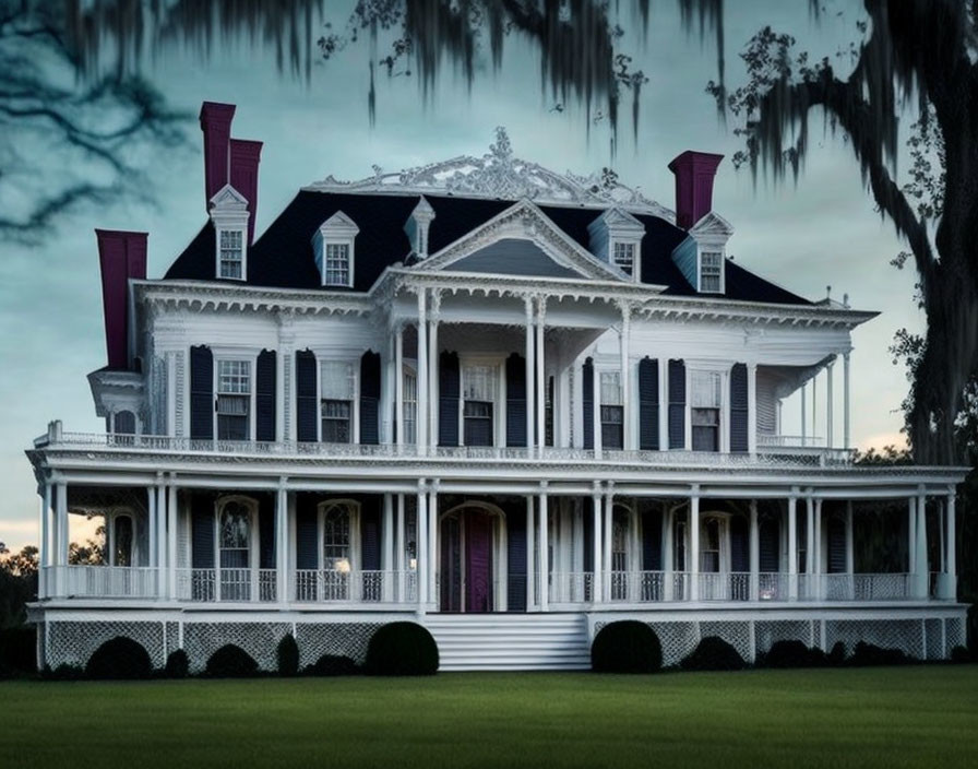 Stately two-story house with white siding, columns, porches, and red chimneys against dus