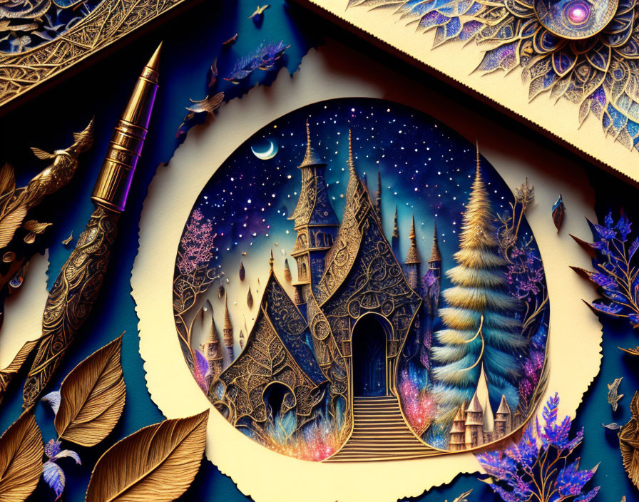 Fantasy castle under starry sky on circular book cover