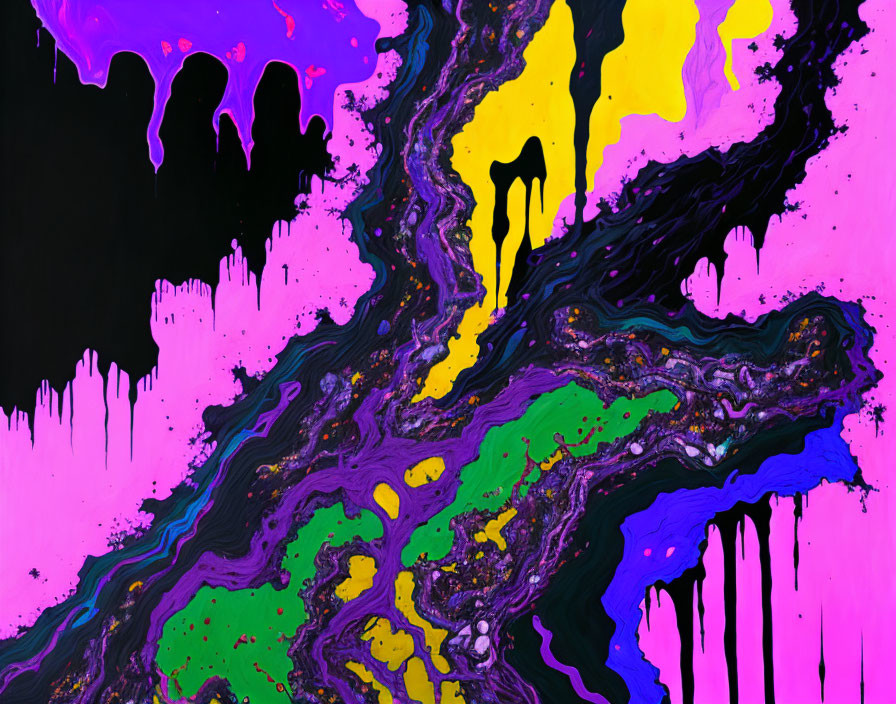 Colorful Abstract Painting with Purple, Yellow, Green, and Black Hues