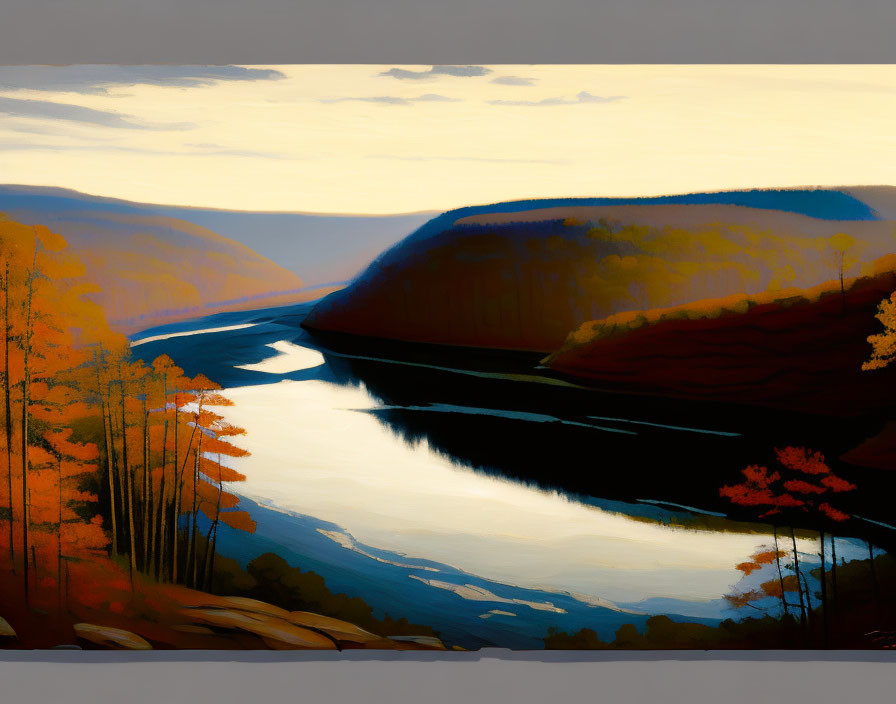 Autumn forest with river meandering under pale dusk sky