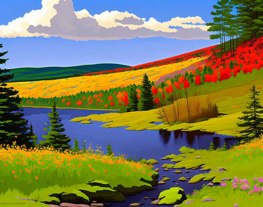 Colorful Landscape with Blue River, Yellow Fields, Red Flowers, Green Trees, and Mountain