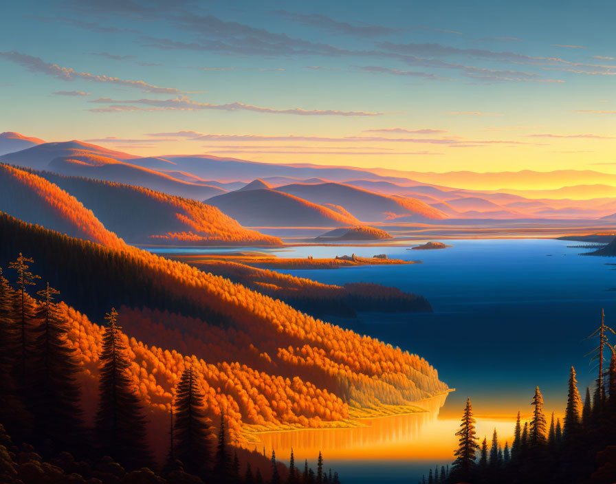 Tranquil sunrise landscape: orange forests, rolling hills, reflective lake