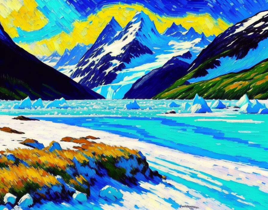 Colorful expressionist painting: mountain landscape, river, icebergs, dynamic sky