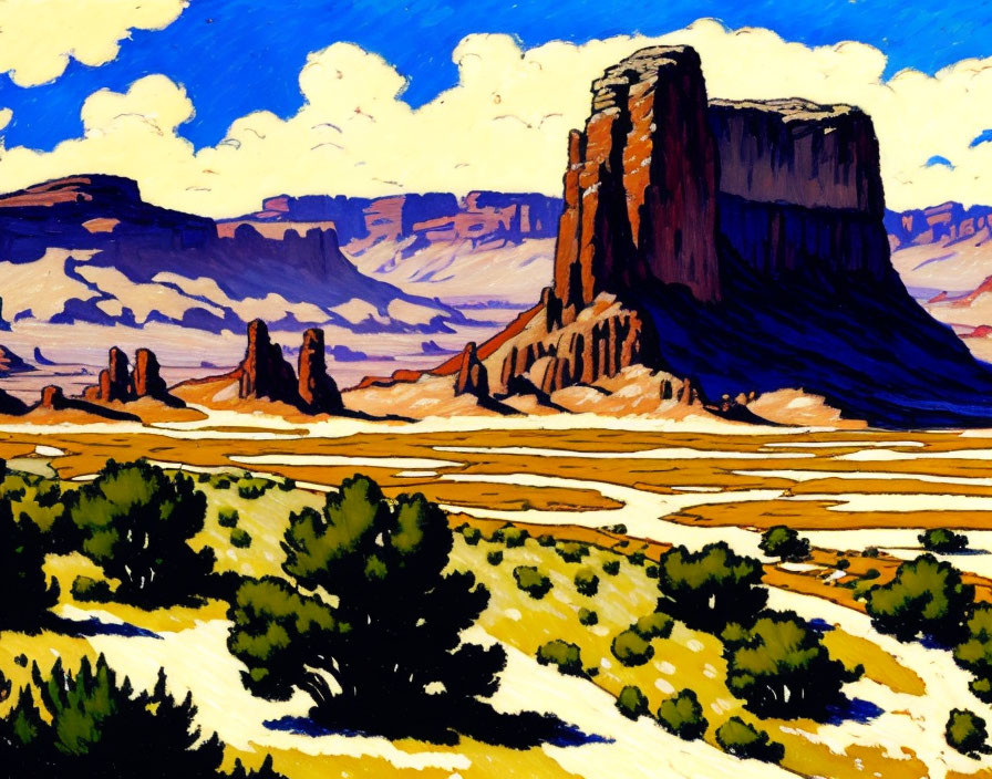 Desert Landscape Illustration with Rock Formation and Blue Sky