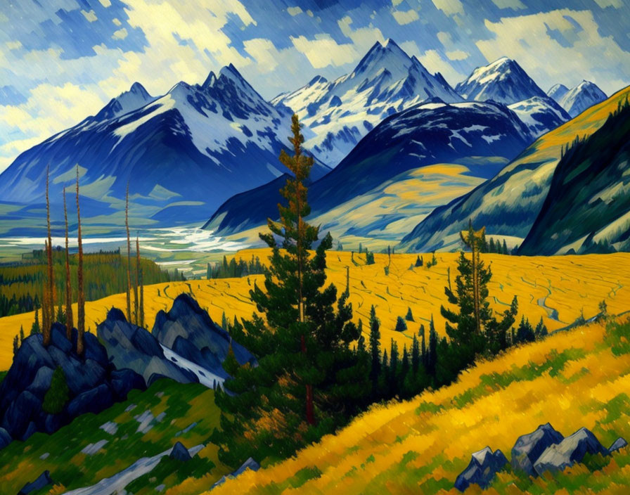 Scenic landscape painting of golden meadow, evergreens, and snow-capped mountains