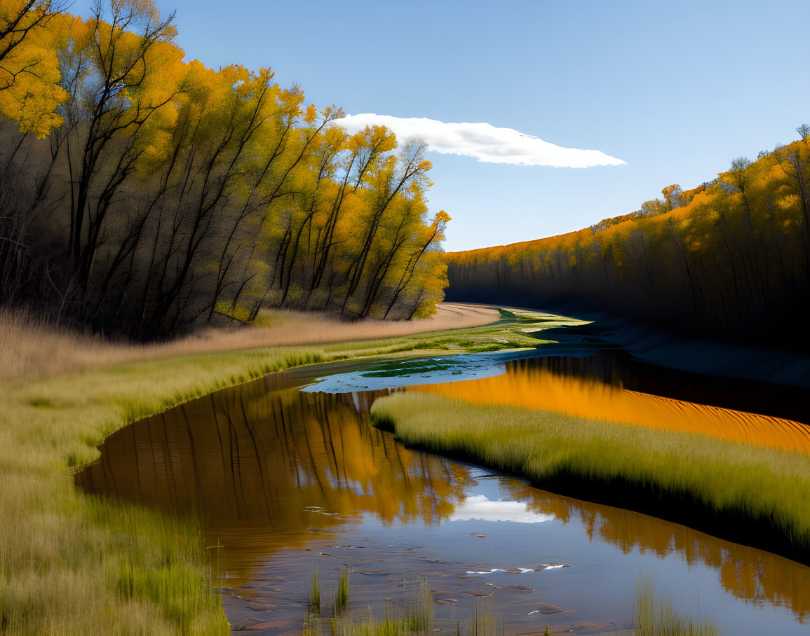 Tranquil river in forest with yellow autumn leaves reflecting under blue sky