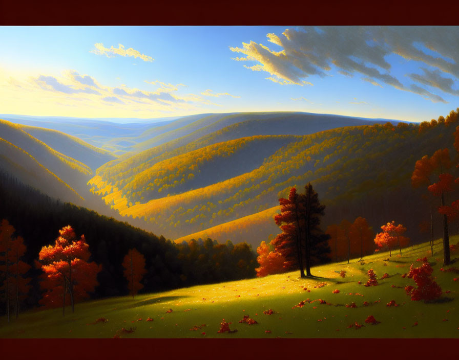 Vivid autumn landscape: rolling hills, green and orange forests, clear sky