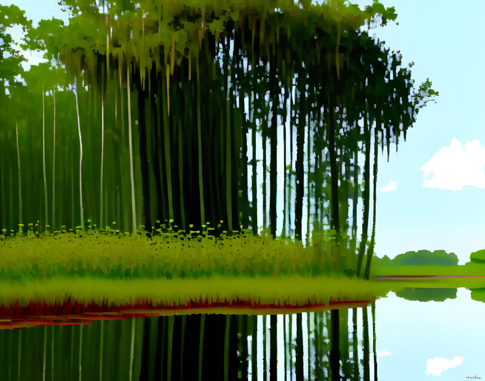 Tranquil lakeside scene with lush trees and blue sky