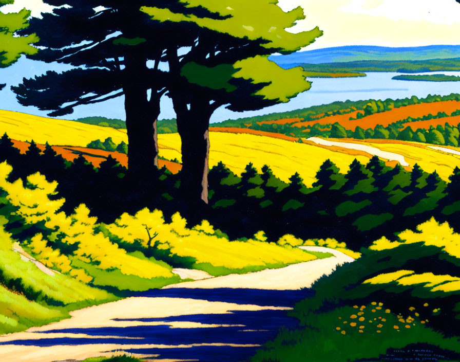 Scenic landscape painting with winding path through yellow fields, green trees, and blue lake