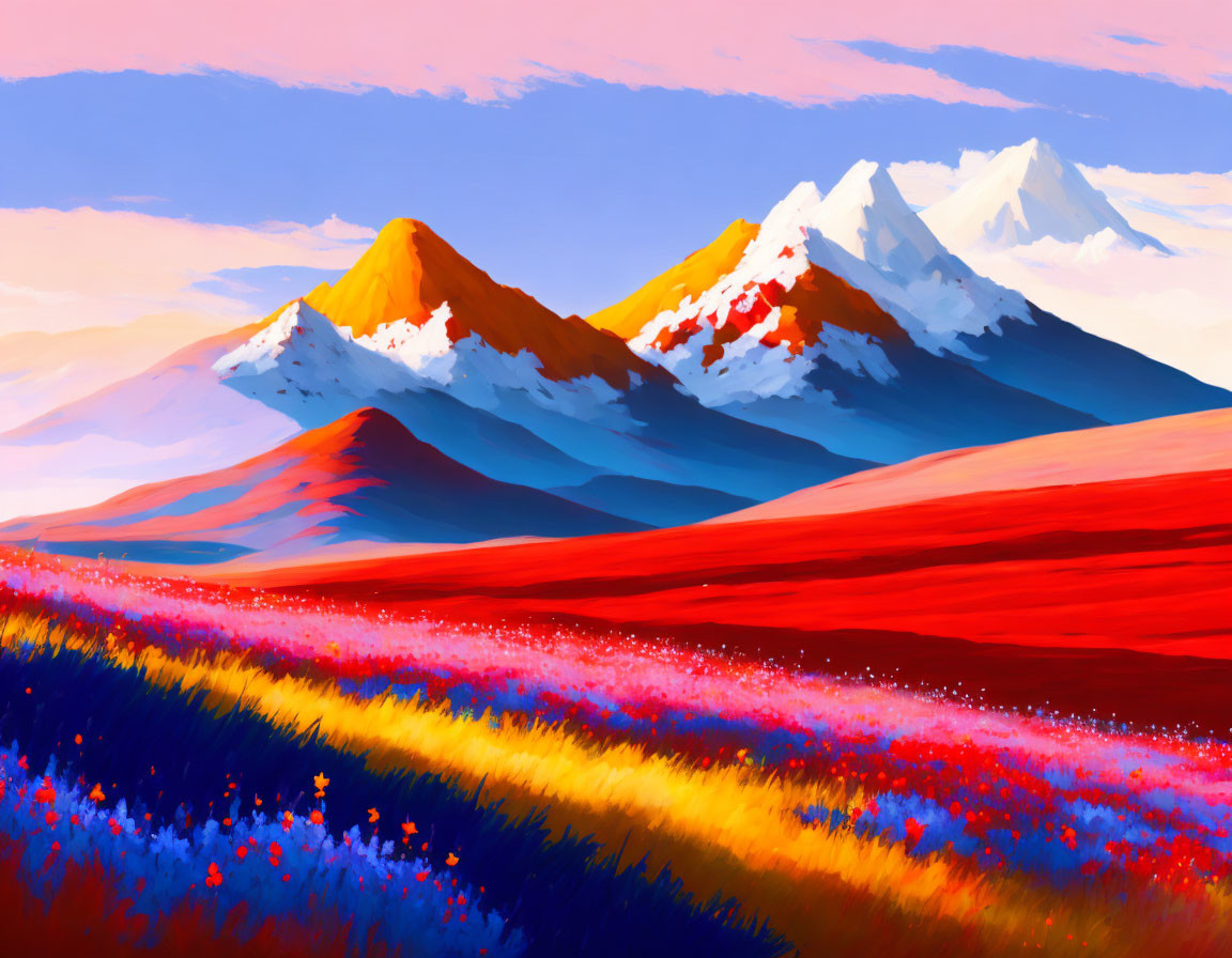 Colorful meadow with wildflowers and snowy mountains on blue sky