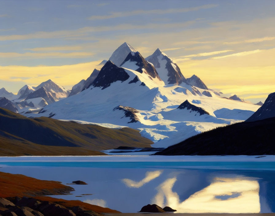 Snow-capped mountain peaks reflected in a calm lake under a golden-hour sky