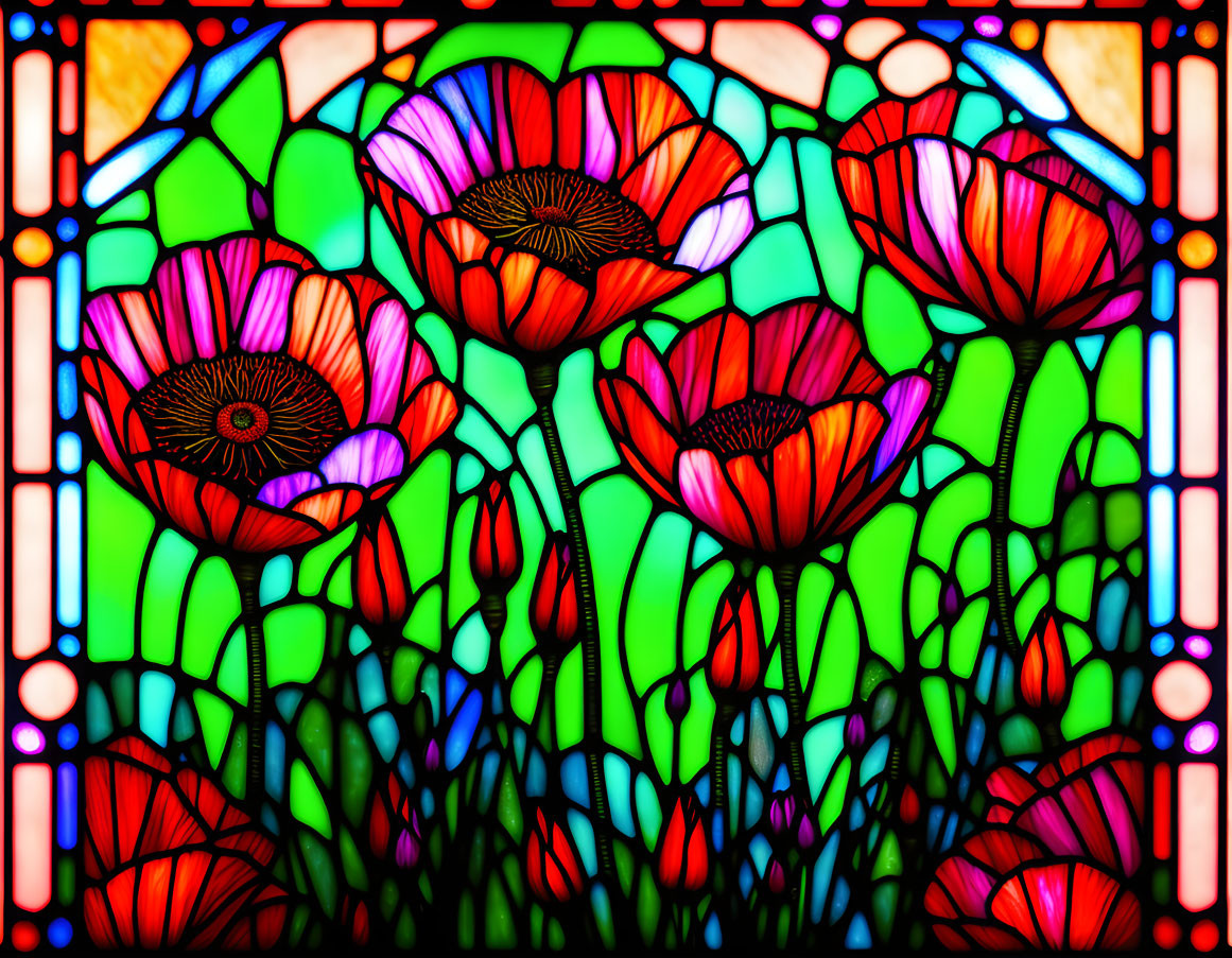 Vibrant red and orange poppies in stained glass window art