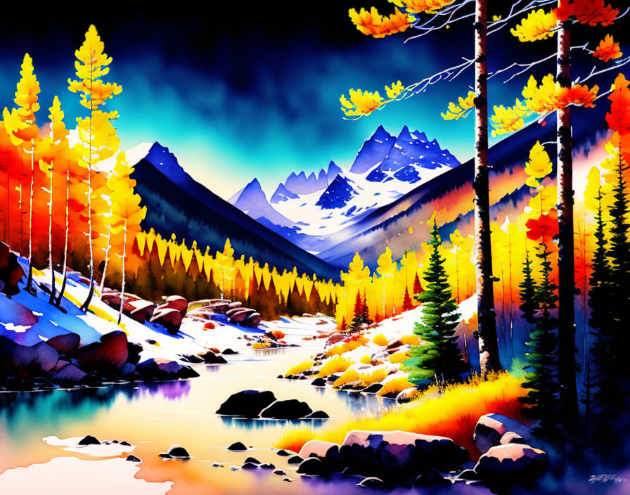 Colorful autumn landscape with river, snowy mountains, and blue sky