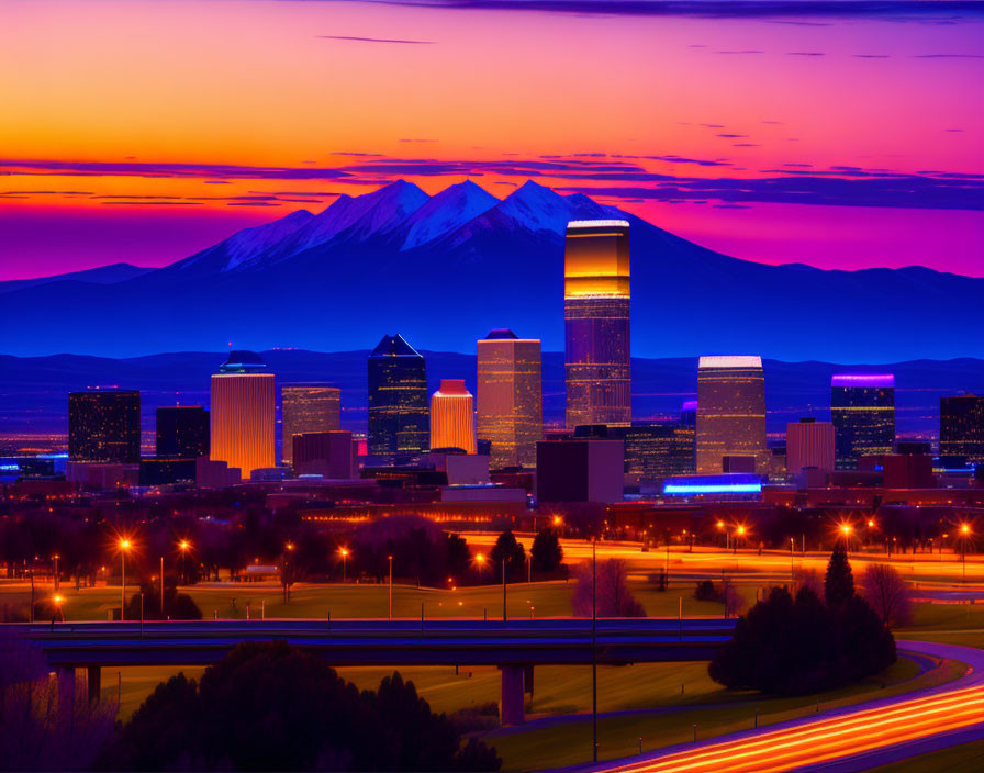 City skyline with illuminated skyscrapers against majestic mountains and colorful twilight sky