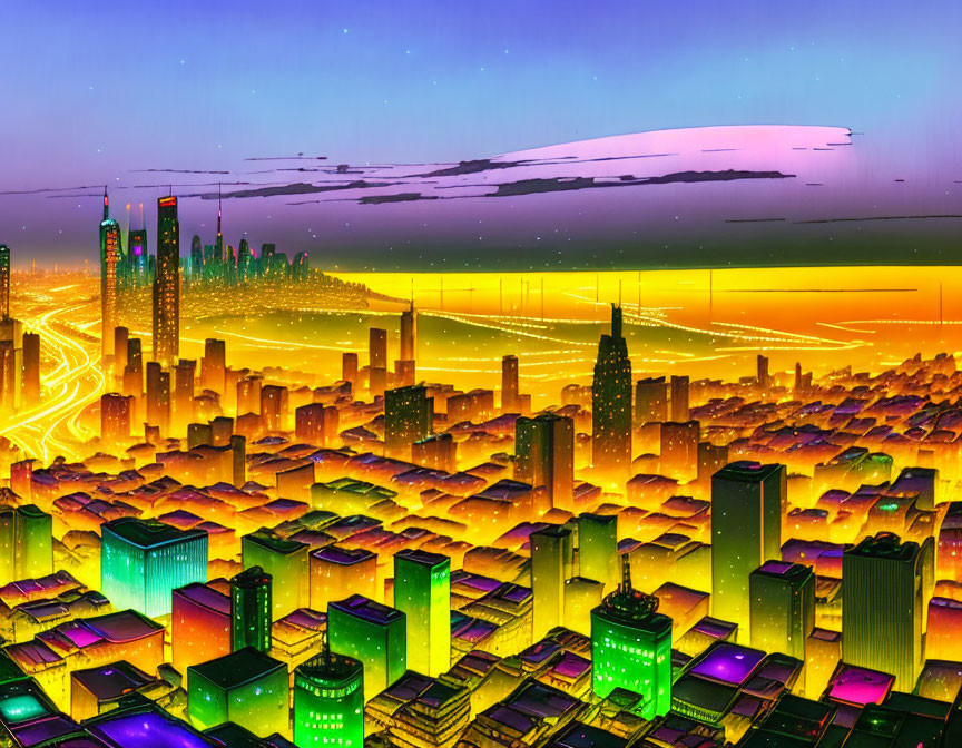 Futuristic cityscape digital artwork with neon-lit buildings at dusk