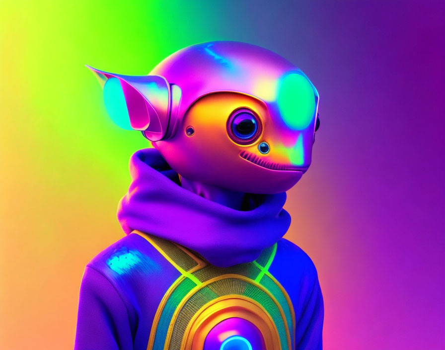 Colorful Stylized Robot with Purple Hood and Large Eye