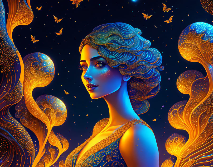 Colorful cosmic hair woman against celestial background