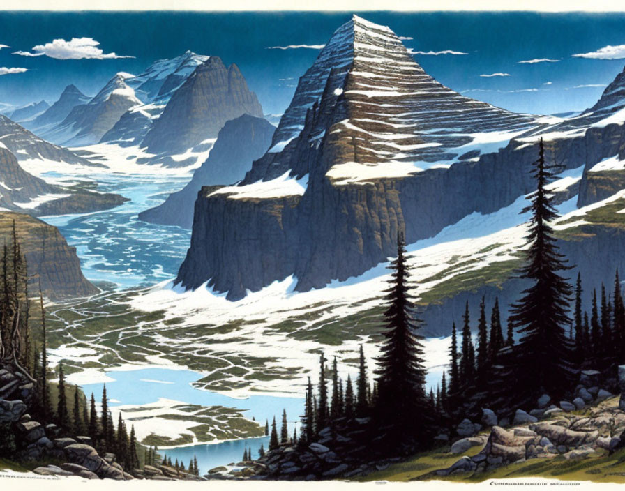 Majestic mountain landscape with snowfields, river, and evergreens