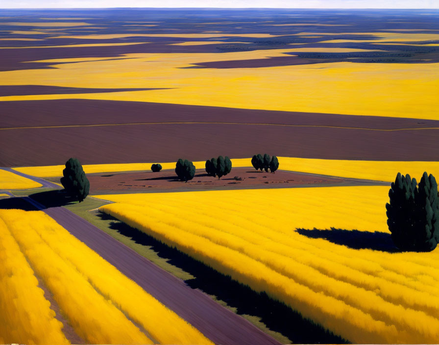 Vibrant yellow crops in rolling agricultural fields with green trees and dirt roads