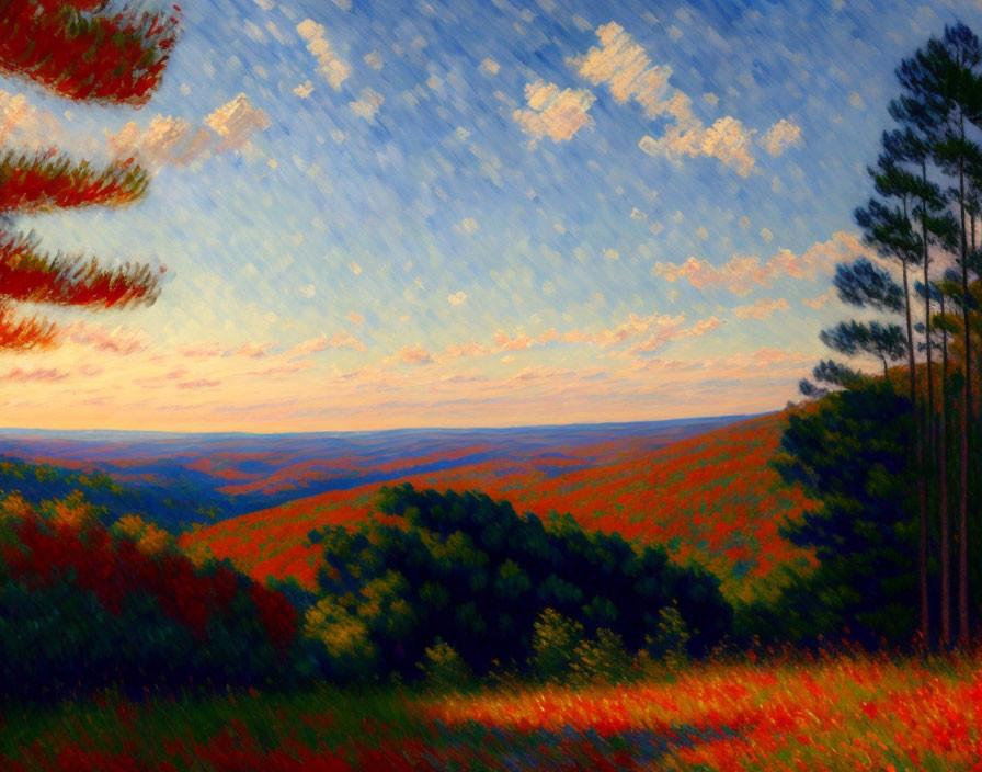 Scenic landscape painting with vibrant sunset sky and forested hillside