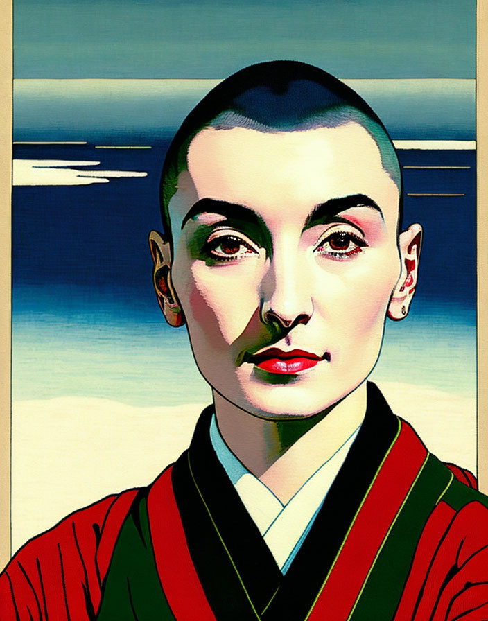 Portrait of Person with Shaved Head in Red and Green Garment on Striped Background