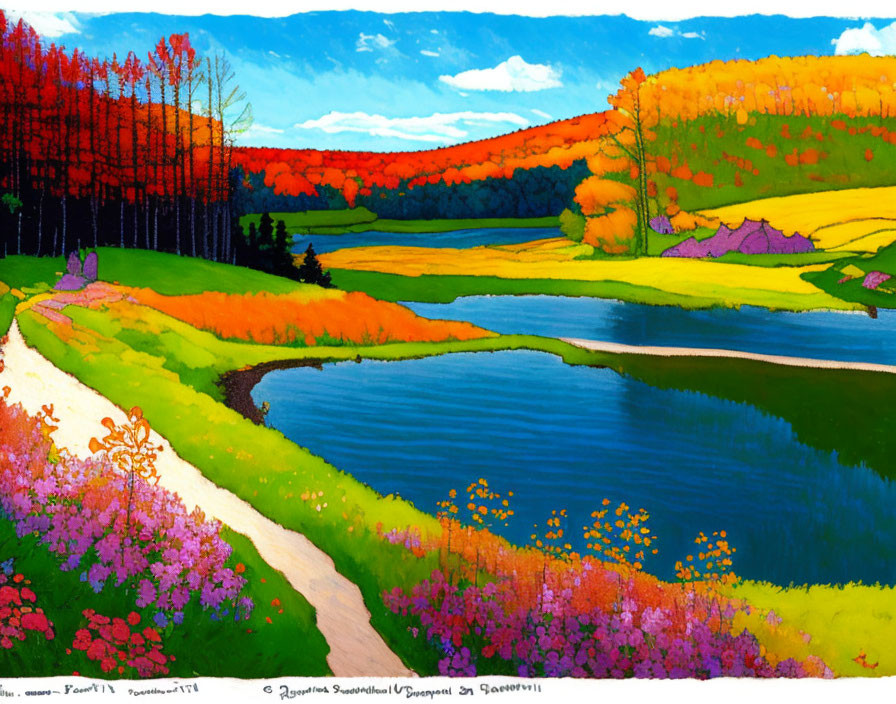 Colorful Landscape Painting: River, Forest, Sky, Flowers