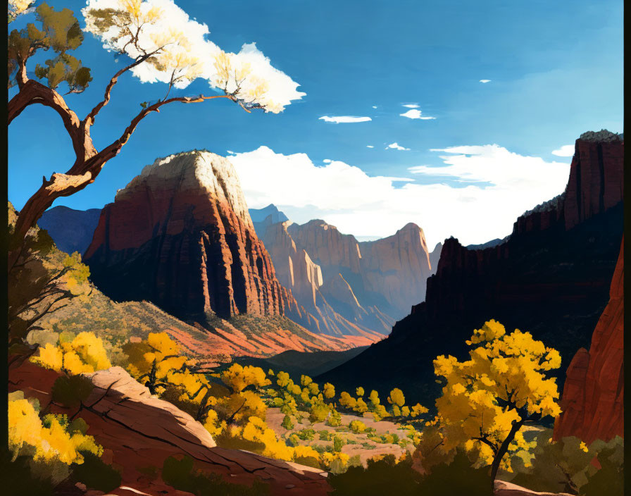 Vibrant illustration of sunlit desert canyon