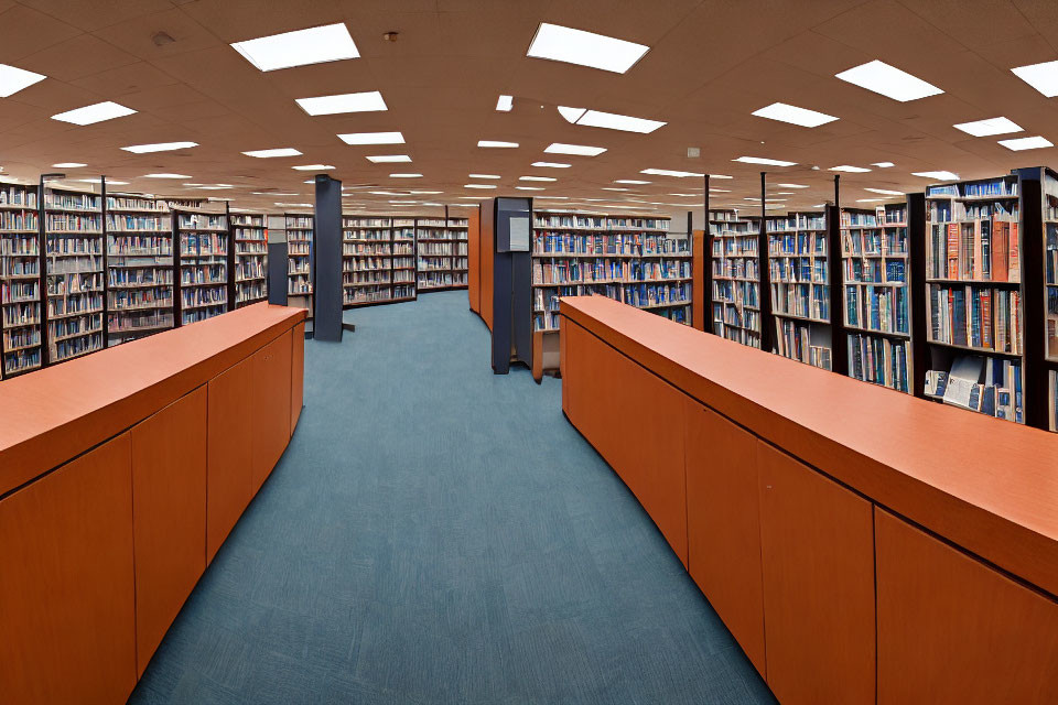 Spacious library with rows of bookshelves and study carrels