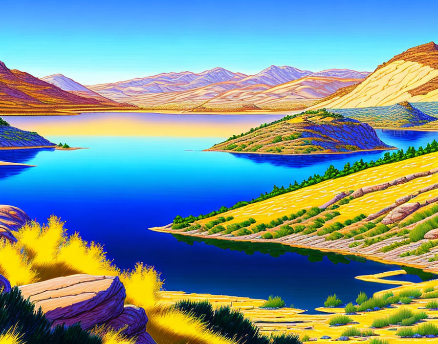 Colorful hills and serene lake in digital art landscape