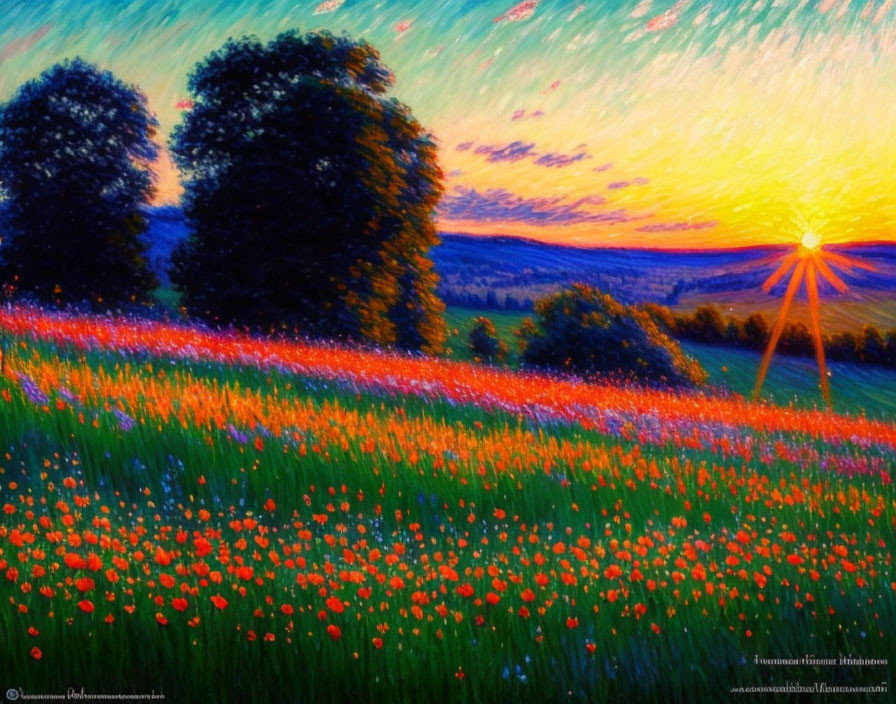 Impressionistic sunset painting with vibrant colors