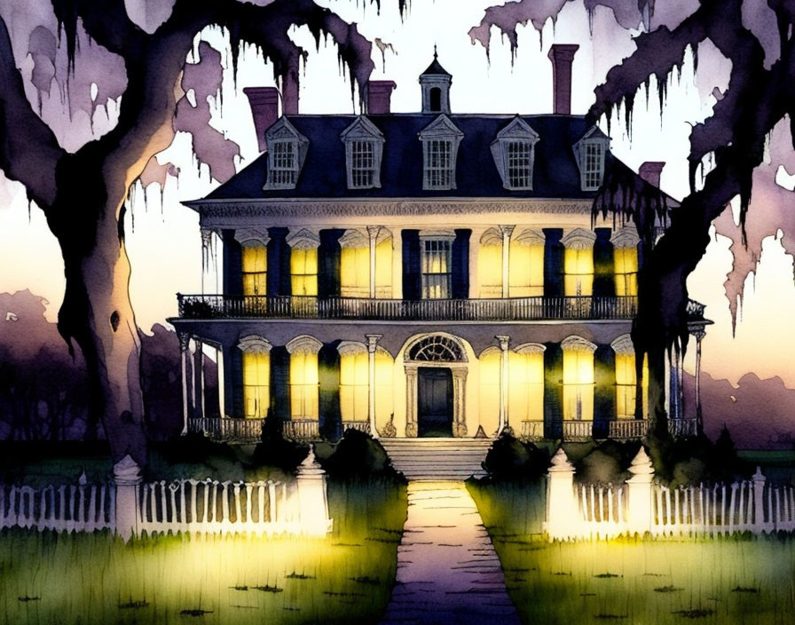 Illustration of classical mansion at dusk with lit windows