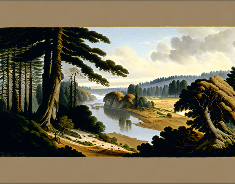 Tranquil landscape painting with trees, river, hills, and serene sky