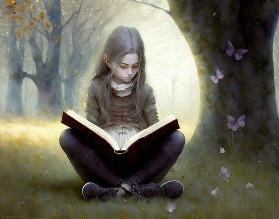 Girl reading book under tree in mystical forest with butterflies