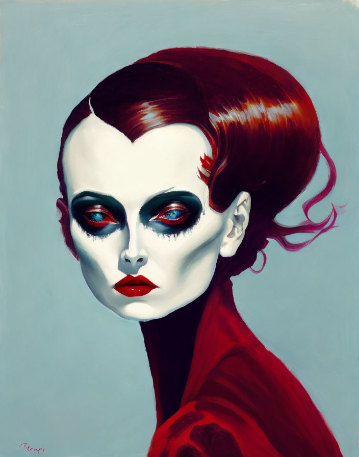 Stylized painting of person with red hair and bold makeup