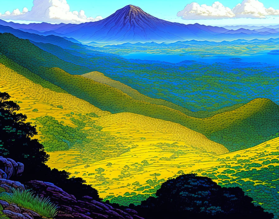 Colorful landscape with hills, volcano, and blue sky