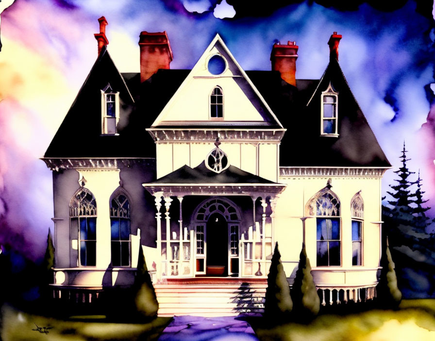 Victorian-style house in vivid purple and blue watercolor painting