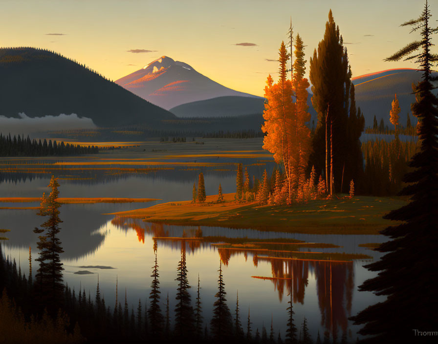 Golden Trees and Tranquil Lake in Autumn Sunrise Scene